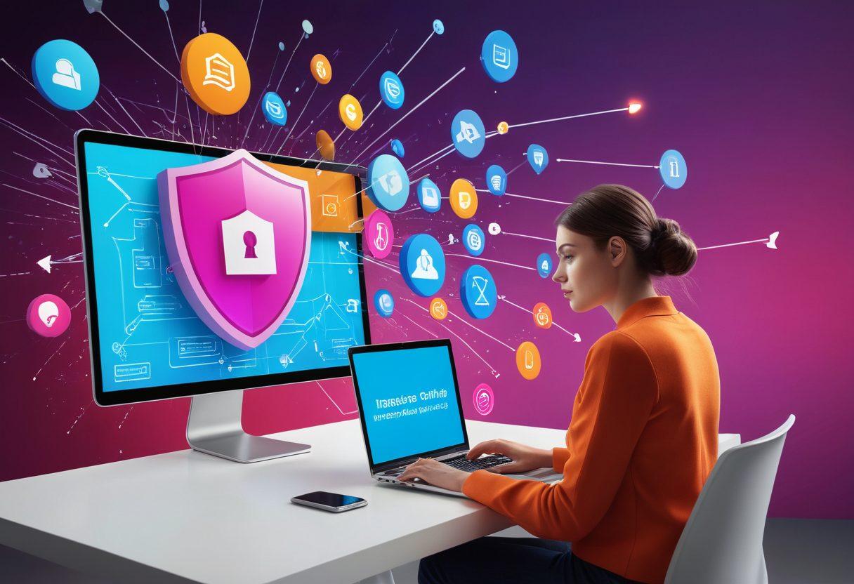 A digital scene showcasing a person using a laptop to navigate an online insurance platform, with floating icons representing claims and quotes surrounding them. Bright, dynamic arrows indicate speed and efficiency, while a shield symbol represents security. The background features a blend of modern technology and abstract designs to suggest innovation. super-realistic. vibrant colors. 3D.