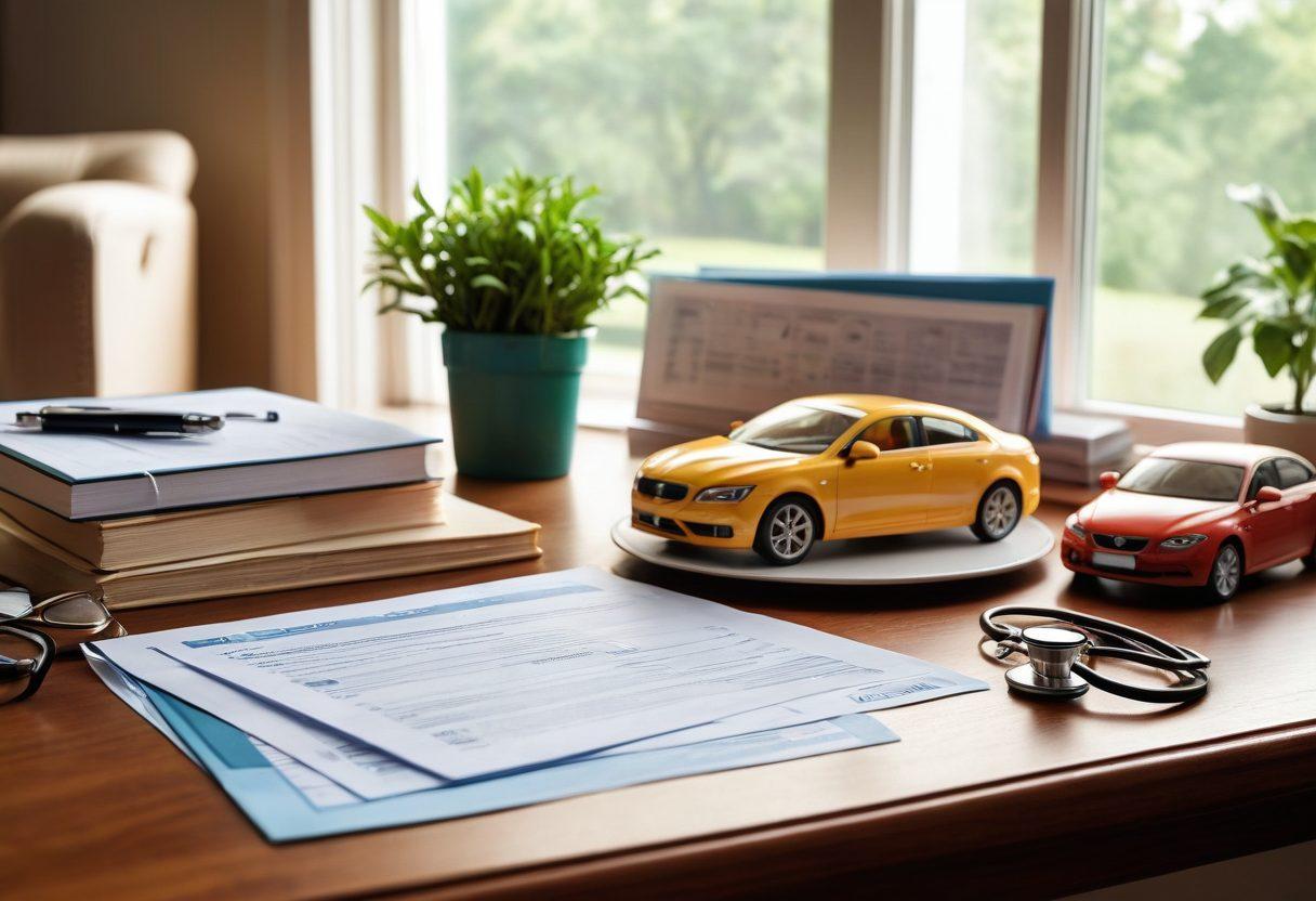 A beautifully arranged table showcasing health, auto, life, and home insurance documents, surrounded by symbolic icons representing each type of coverage like a stethoscope for health, a car for auto, a house for home, and a family for life insurance. The setting should be warm and inviting, with a cozy home office background, soft natural lighting enhancing the atmosphere. super-realistic. vibrant colors. cozy ambiance.