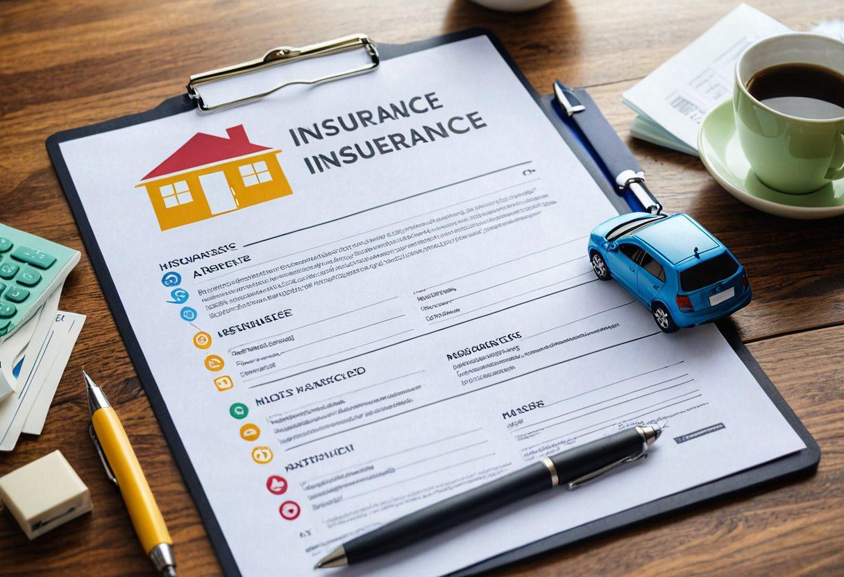 An organized checklist, prominently displayed on a clipboard, featuring icons representing auto insurance, life insurance, and home insurance. In the background, a car, a house, and a family silhouette symbolizing protection and security. The scene should be vibrant, capturing the essence of insurance as a shield of safety for different aspects of life. clean lines, bright colors, and a modern aesthetic.